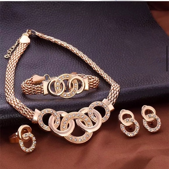 Jewelry Set Necklace, Bracelet, Earrings and Ring (Silver) 18K Gold Plated - Picture 2 of 7